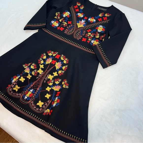 Lai Meng Five Cats Embroidered Floral Folk art Mini Dress Black Size XL NWT - Picture 5 of 14